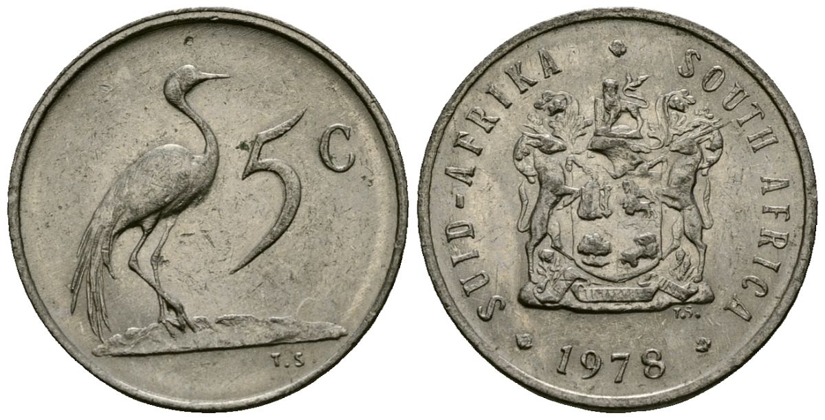 ЮАР 5 центов 1978 герб, райский журавль KM 84 никель 4173-964