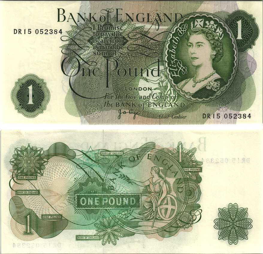 АНГЛИЯ 1 ФУНТ 1970-1977 ПОДПИСЬ J.B. PAGE Pick 374g бумага UNC (ПРЕСС) 7214-20-3-1