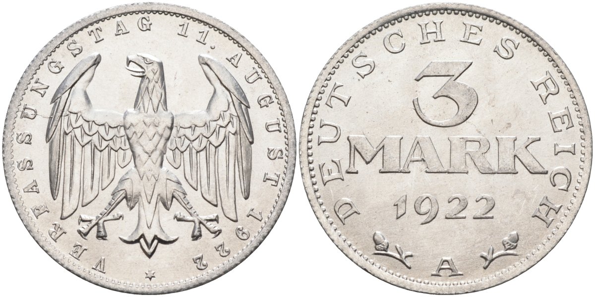 Германия 3 марки 1922 A, третья годовщина Веймарской Конституции KM 29, J.303 алюминий UNC 4587-234