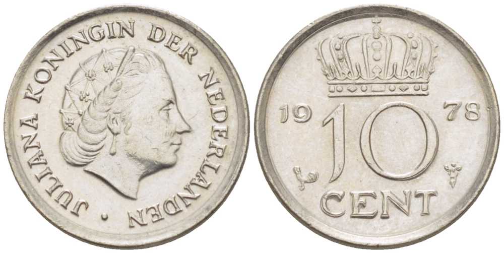 Нидерланды 10 центов 1978 Юлиана (1948-1980) КМ 182 никель 211-1238