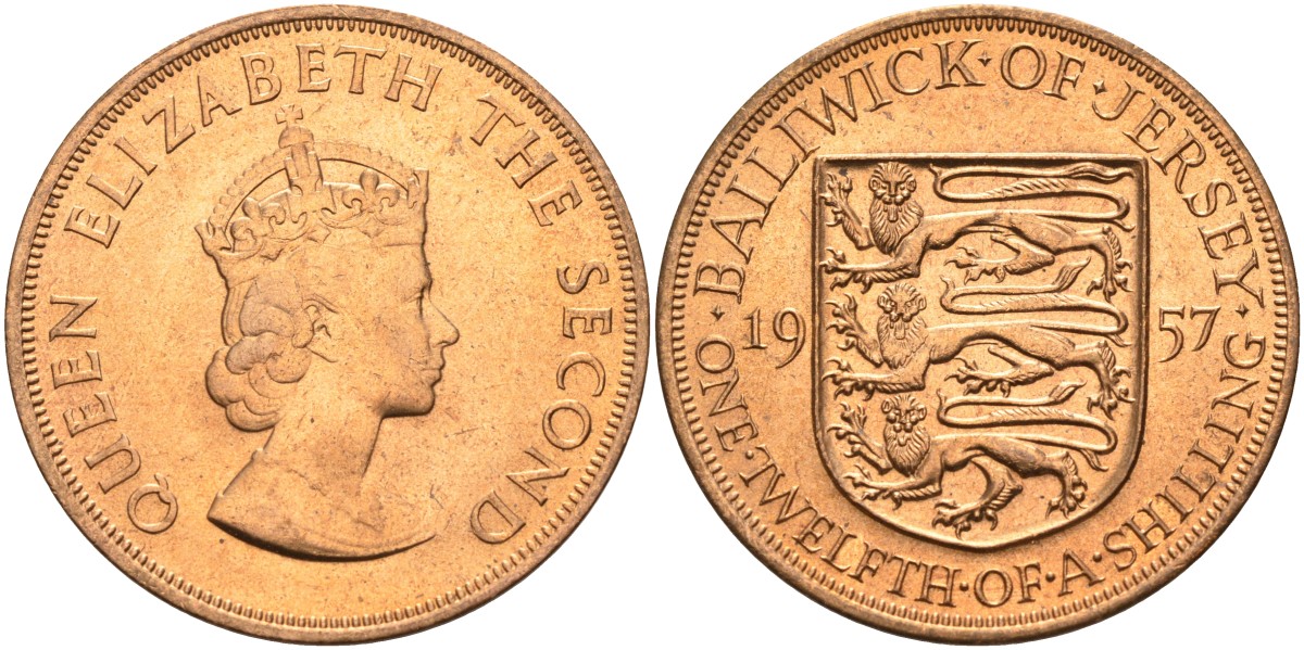Джерси 1/12 шиллинга 1957 Елизавета II (1952-2022) KM 21 бронза aUNC 4367-326