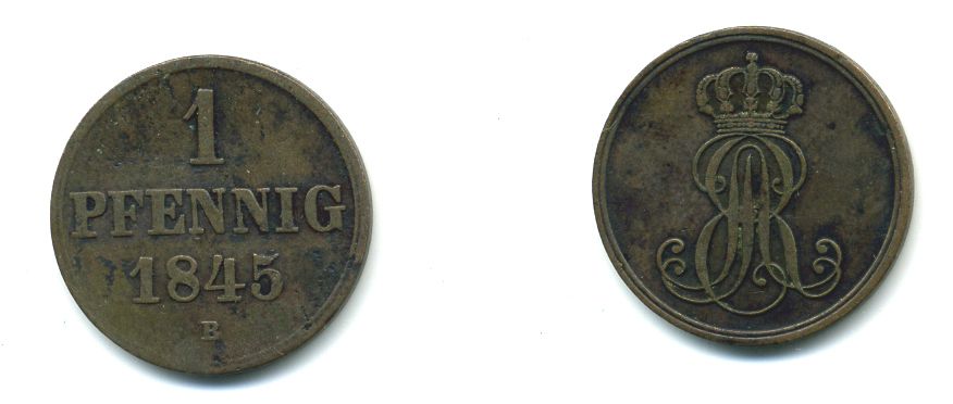 Ганновер 1 пфенниг 1845 B, Эрнст Август (1837-1851) KM 201.1, AKS 129, J. 74 медь 35-758
