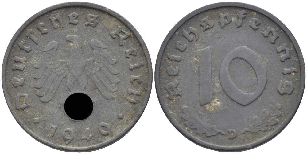 ГЕРМАНИЯ 10 РЕЙХСПФЕННИГОВ 1940 D KM 101, J. 371 цинк 4401-827