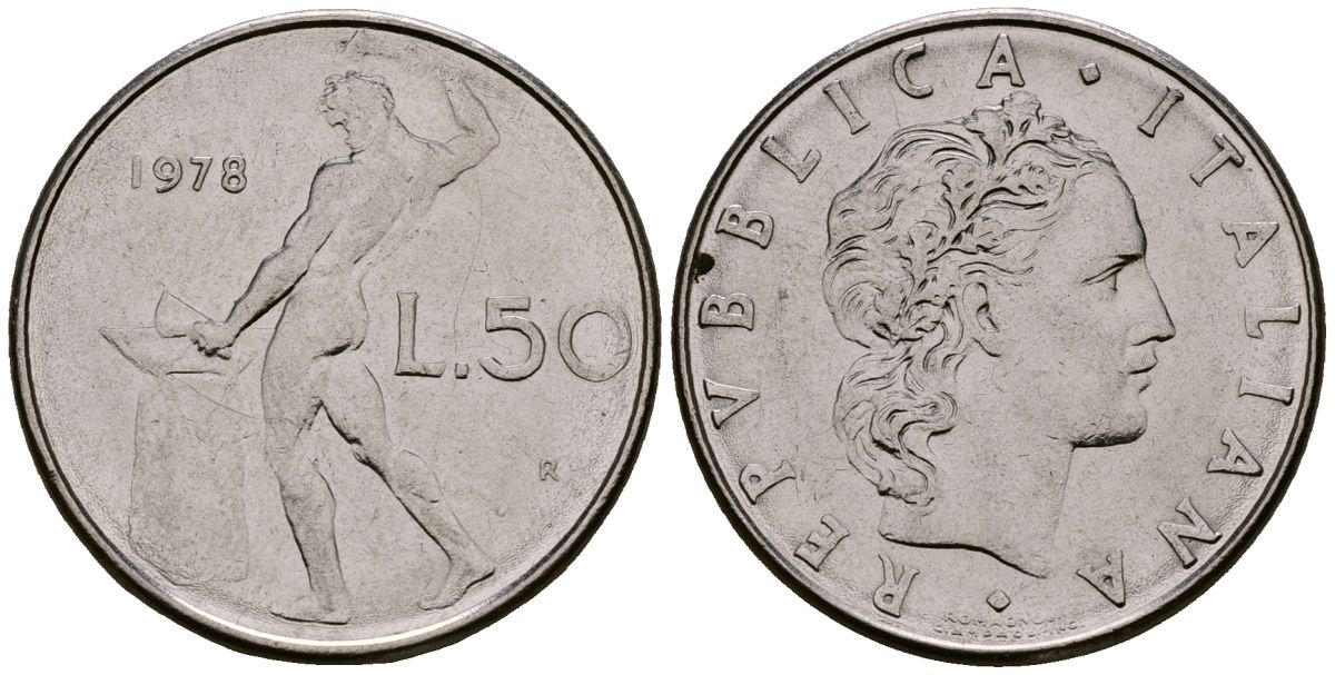 Италия 50 лир 1978 KM 95.1 нержавеющая сталь 4176-245