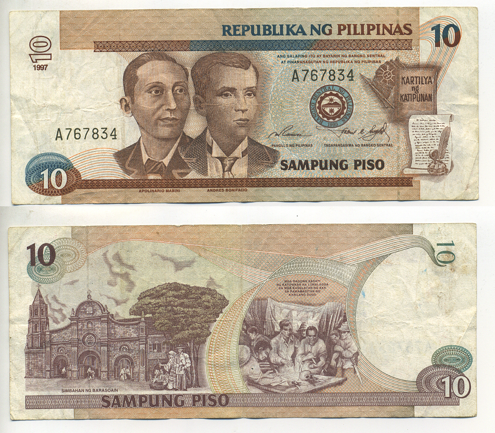 ФИЛИППИНЫ 10 ПЕСО 1997 ПОДПИСЬ 14 Pick 187a бумага 7222-71-1