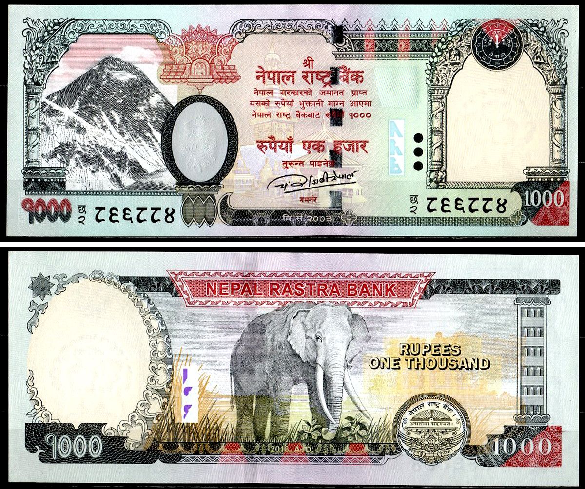 Непал 1000 рупий 2016 Гора Эверест, ступа Сваямбунатх и храм Харати, слоны Pick 75 b бумага UNC (пресс) 7548-46-4-2