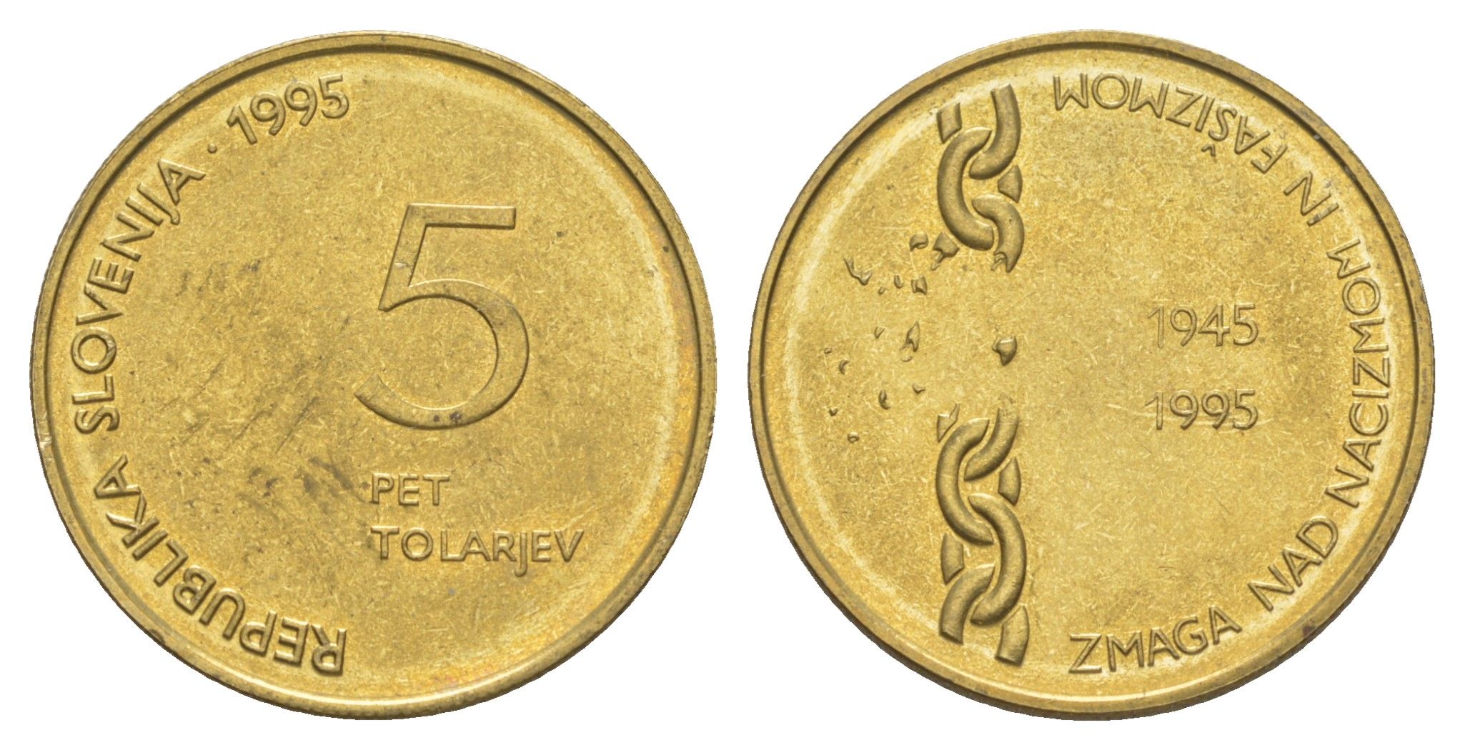 Словения 5 толаров 1995 50 лет Победы над фашизмом и нацизмом KM 22 латунь UNC 4571-255