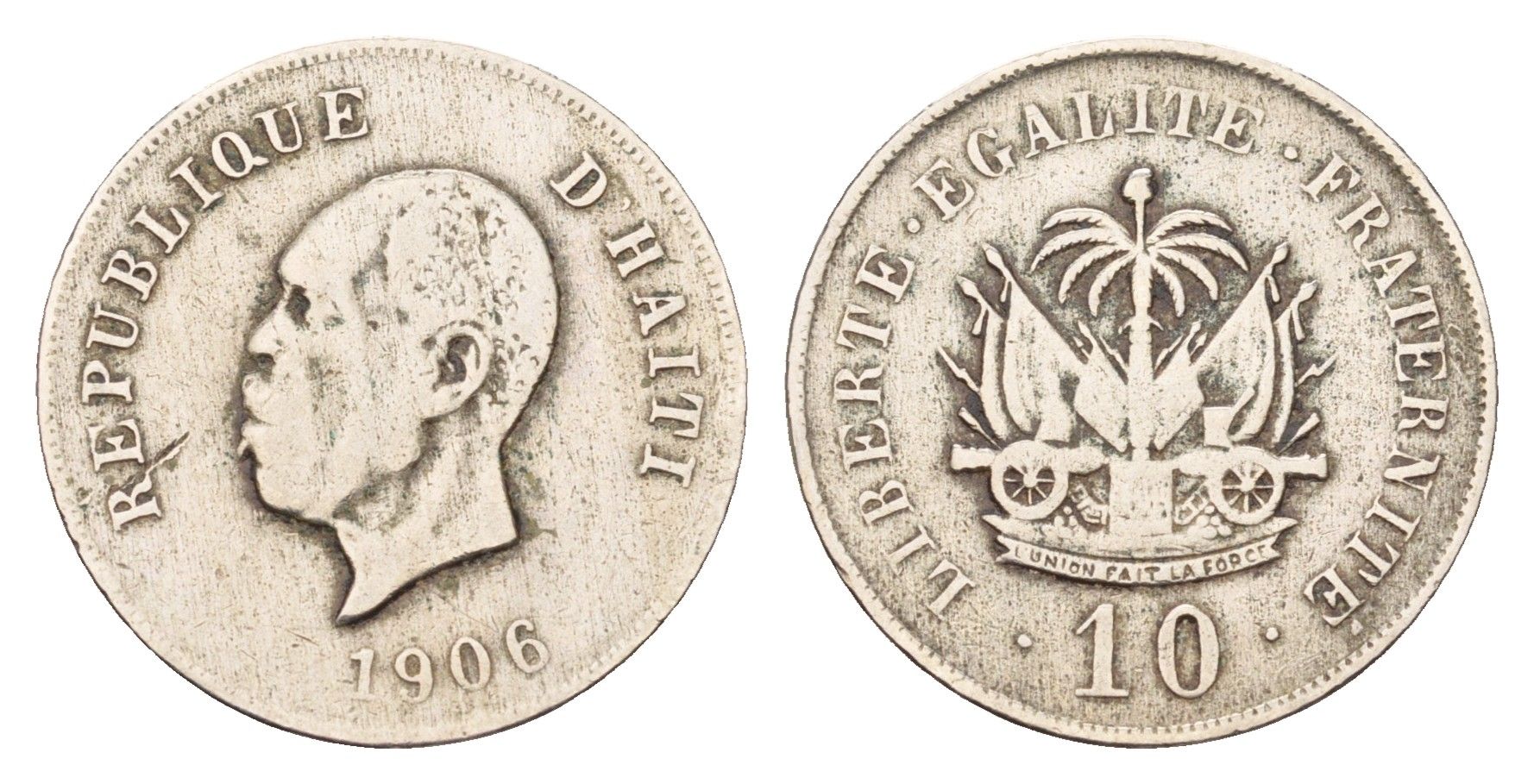 Гаити 10 сантимов 1906 год-тип, Президент Пьер Нор Алексис KM 54 медно-никель 4580-237