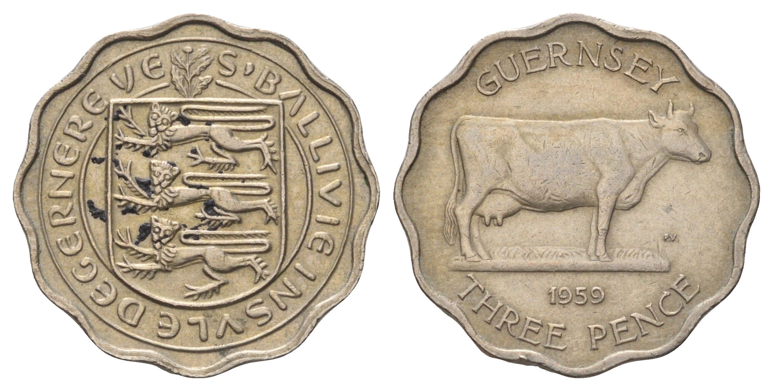 Гернси 3 пенса 1959 Генсийская Корова KM 18 медно-никель 4666-555