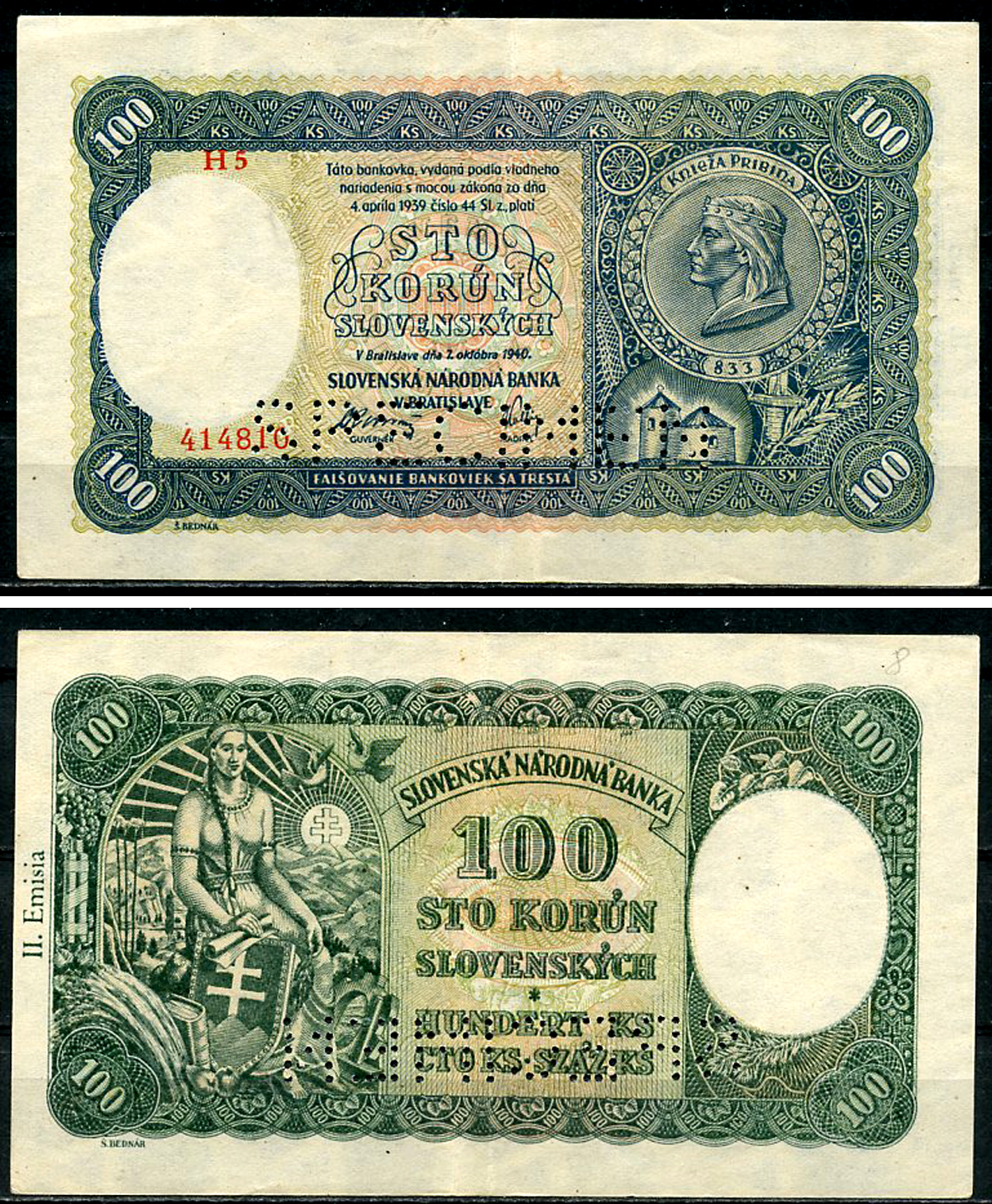 Словакия 100 крон 1940 князь Прибина, образец, Specimen Pick 10 s  бумага   451-962-3