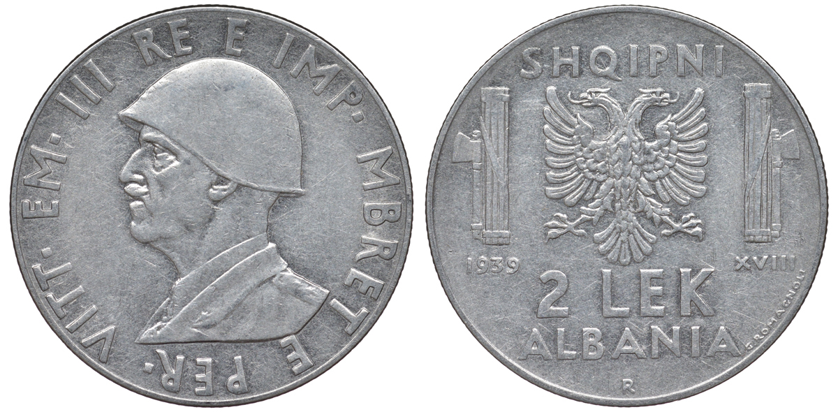 Албания 2 лека 1939 R, год XVIII, Итальянская оккупация, вторая мировая KM 32 нержавеющая сталь 4367-832