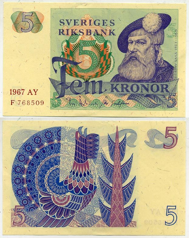 Швеция 5 крон 1967 AY, Густав I Ваза Pick 51a бумага aUNC 445-77-1