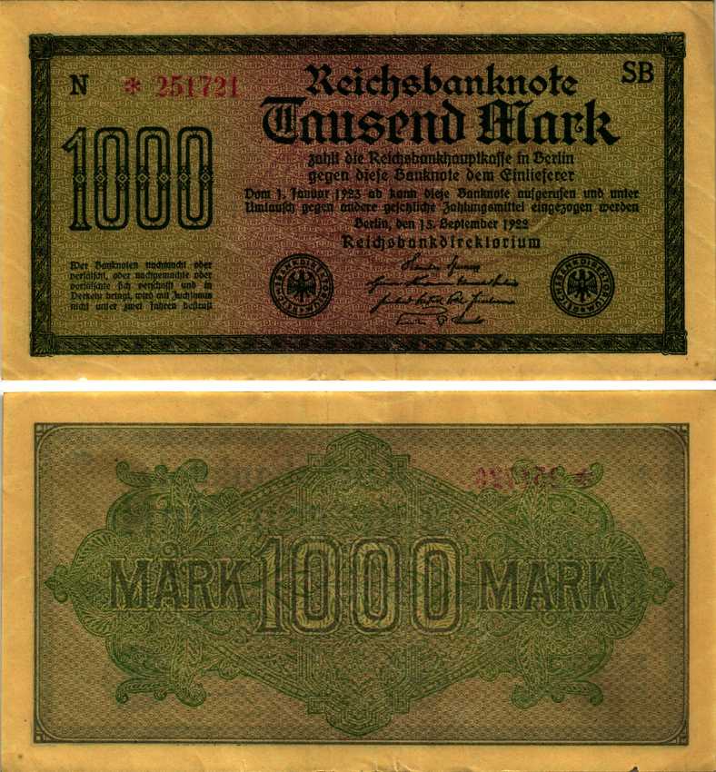 ГЕРМАНИЯ 1000 МАРОК 1922 15 СЕНТЯБРЯ 1922, ВОДЯНОЙ ЗНАК I, ЖЕЛТАЯ БУМАГА, СЕРИЯ SВ Pick 76b, Rosenberg 75d бумага 7183-62-2-2