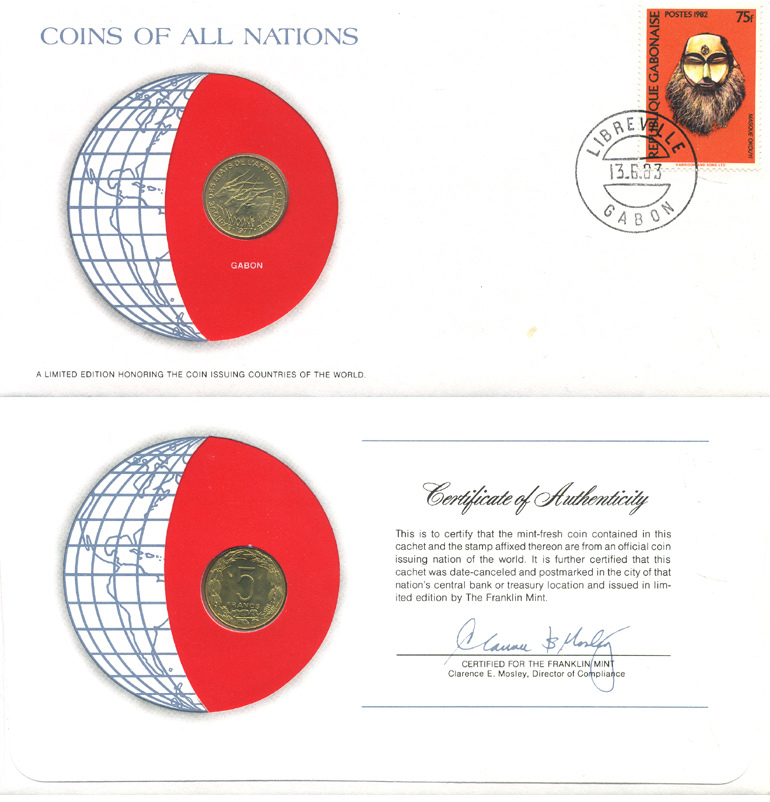 ВАЛЮТНЫЙ СОЮЗ СТРАН ЦЕНТРАЛЬНОЙ АФРИКИ, ГАБОН 5 ФРАНКОВ 1977 конверт с маркой первого дня гашения, Coins of Nations KM 7 алюминиевая бронза UNC 4294-58-3