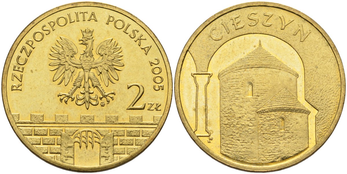 Польша 2 злотых 2005 MW, серия польские города, Цешин (Cieszyn) KM 753, Parchimowicz 962 латунь 4539-657