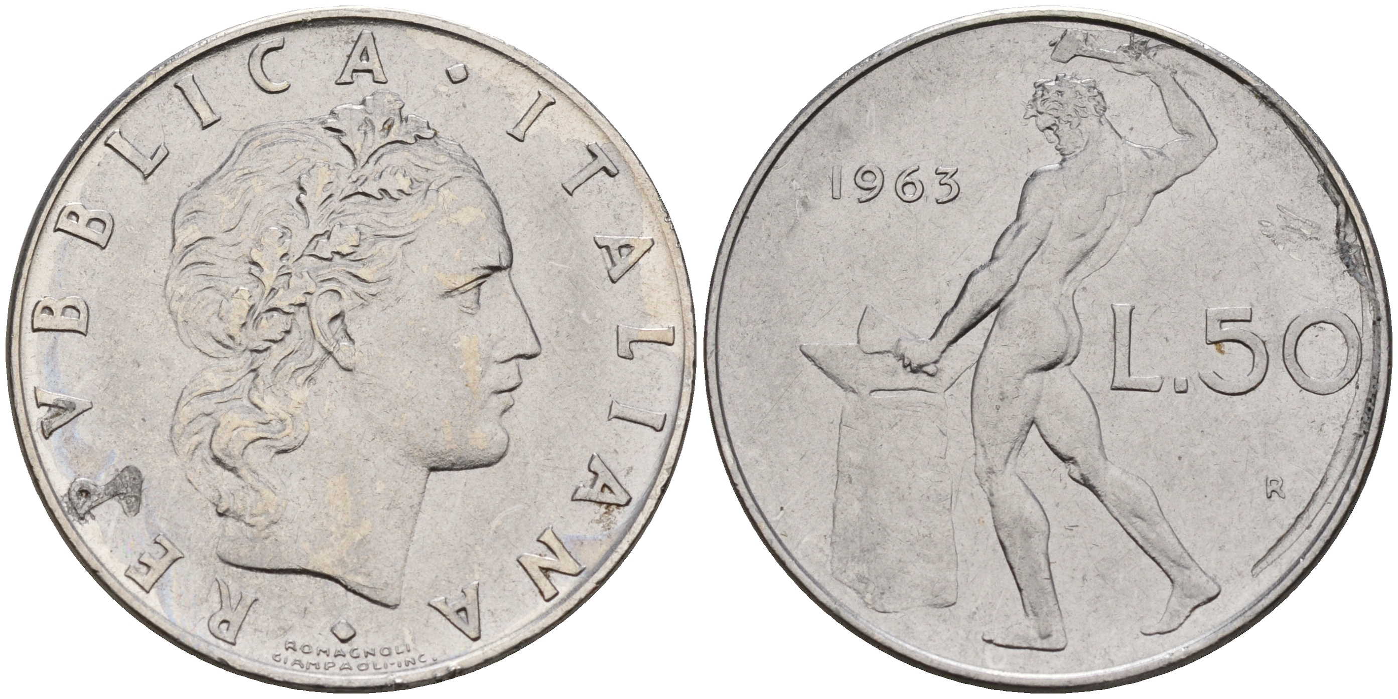 Италия 50 лир 1963 R, кузнец KM 95.1 сталь    4153-114