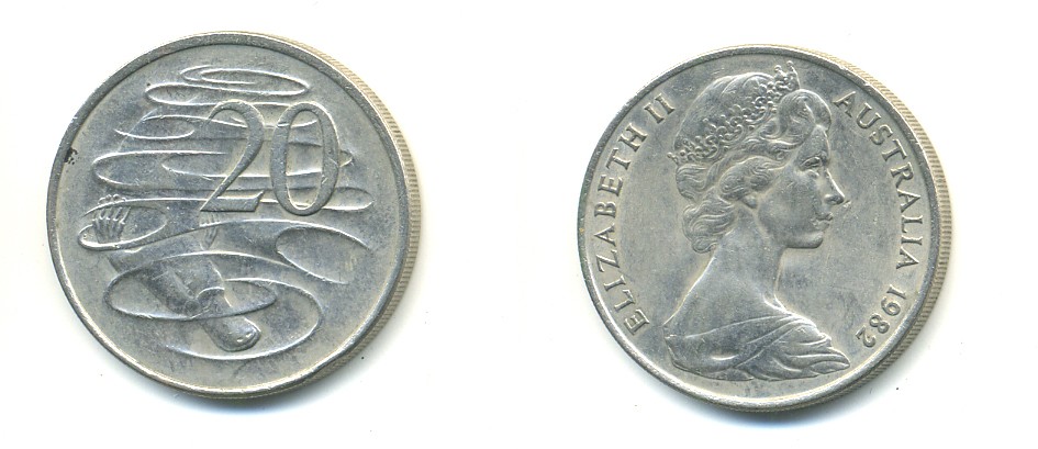 АВСТРАЛИЯ 20 ЦЕНТОВ 1982 ЕЛИЗАВЕТА II, МОЛОДОЙ ПОРТРЕТ, УТКОНОС KM 66 медно-никель 47-341
