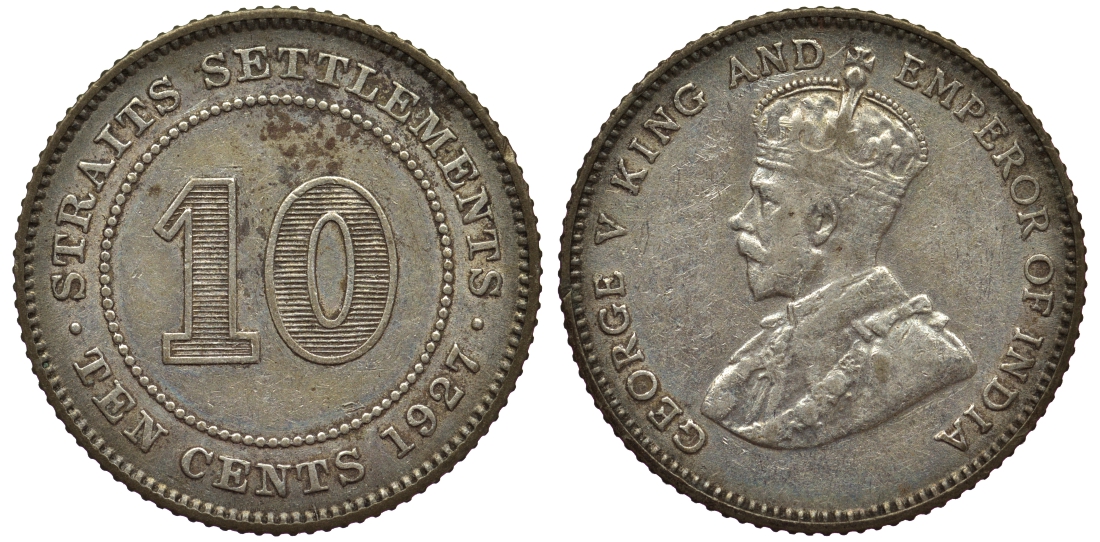 Стрейтс-Сетлментс 10 центов 1927 Георг V (1910-1936) КМ 29b серебро 53-641
