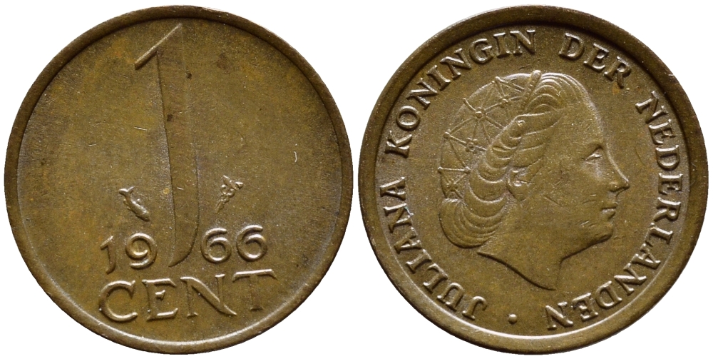 НИДЕРЛАНДЫ 1 ЦЕНТ 1966 ЮЛИАНА KM 180 бронза 4392-1363