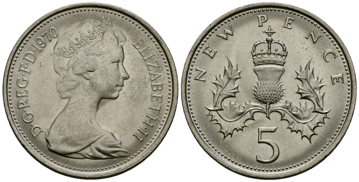 Великобритания 5 пенсов 1970 Елизавета II (1952-2022) KM 911, Spink 4233 (D1) медно-никель 4538-141