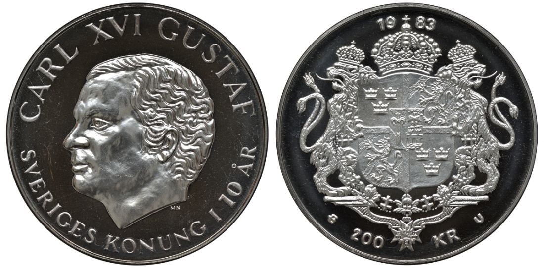 Швеция 200 крон 1983 Карл XVI Густав (1973- ), 10 лет правления KM 862 серебро BUNC 443-1221