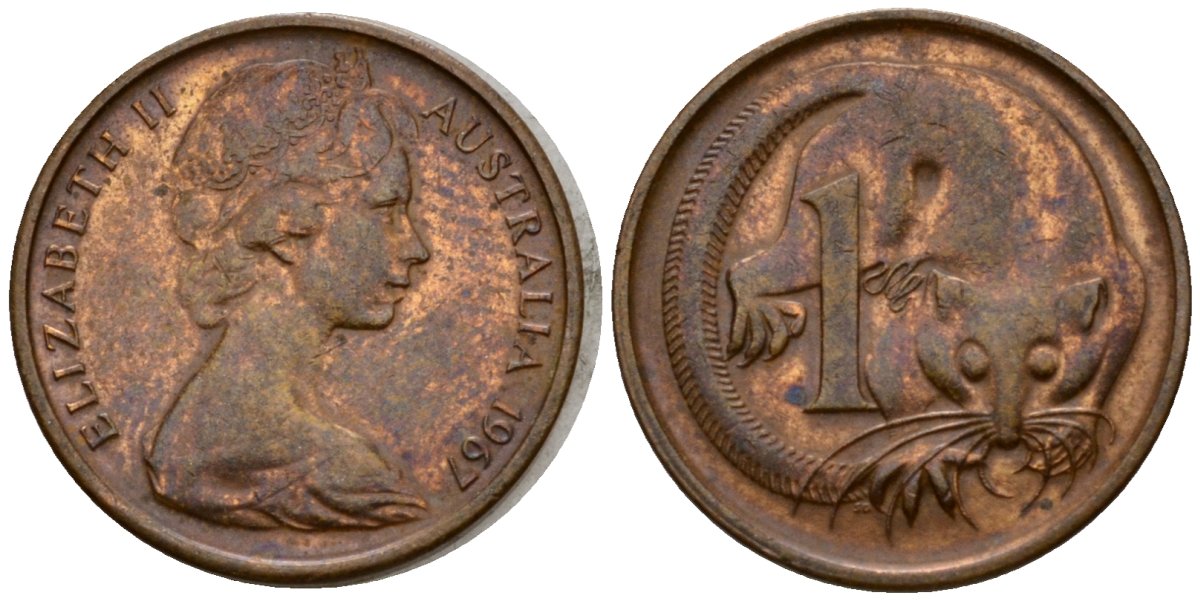 Австралия 1 цент 1967 Елизавета II (1953-), молодой портрет, опоссум KM 62 бронза 4602-213