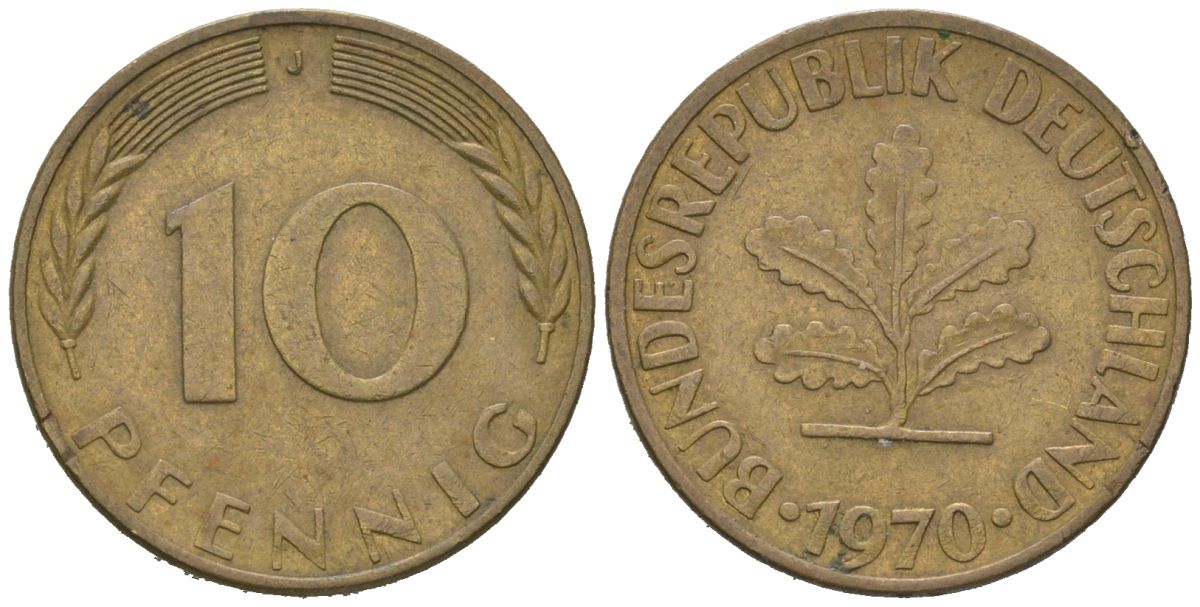 ФРГ 10 пфеннигов 1970 J KM 108, J. 383 сталь плакированная латунью 4604-1152