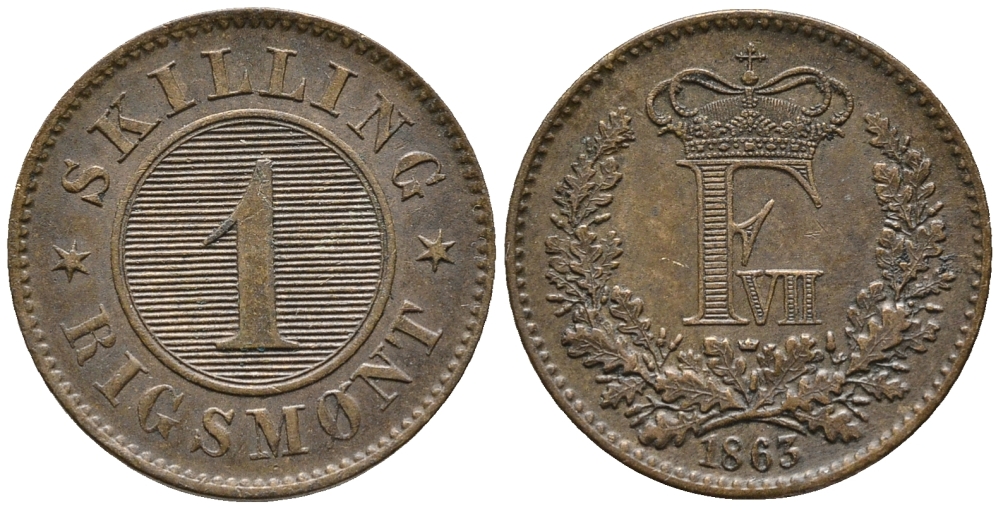 ДАНИЯ 1 СКИЛЛИНГ 1863 ФРЕДЕРИК VII (1848-1863) KM 763 (C135) бронза 67-217