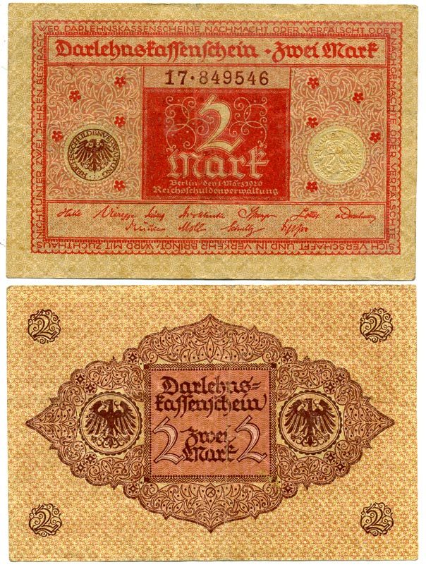 ГЕРМАНИЯ 2 МАРКИ 1920 1 МАРТА 1920, ВЕЙМАРСКАЯ РЕСПУБЛИКА, КРАСНАЯ, СЕРИЯ 17 Pick 59, Rosenberg 65b бумага 7523-17-3