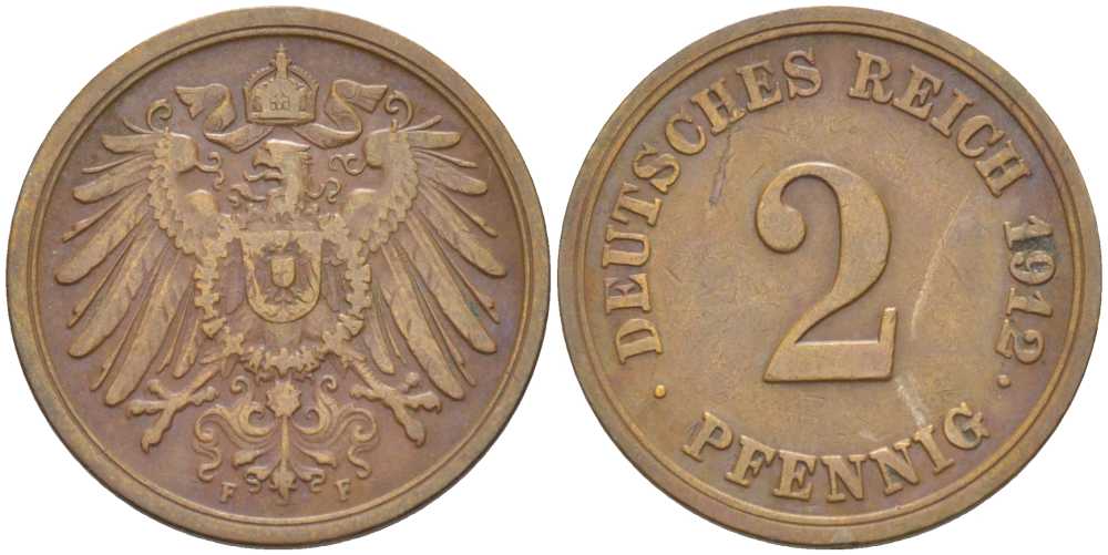 Германия 2 пфеннига 1912 F KM 16, J. 11, Weege 4 медь 206-627