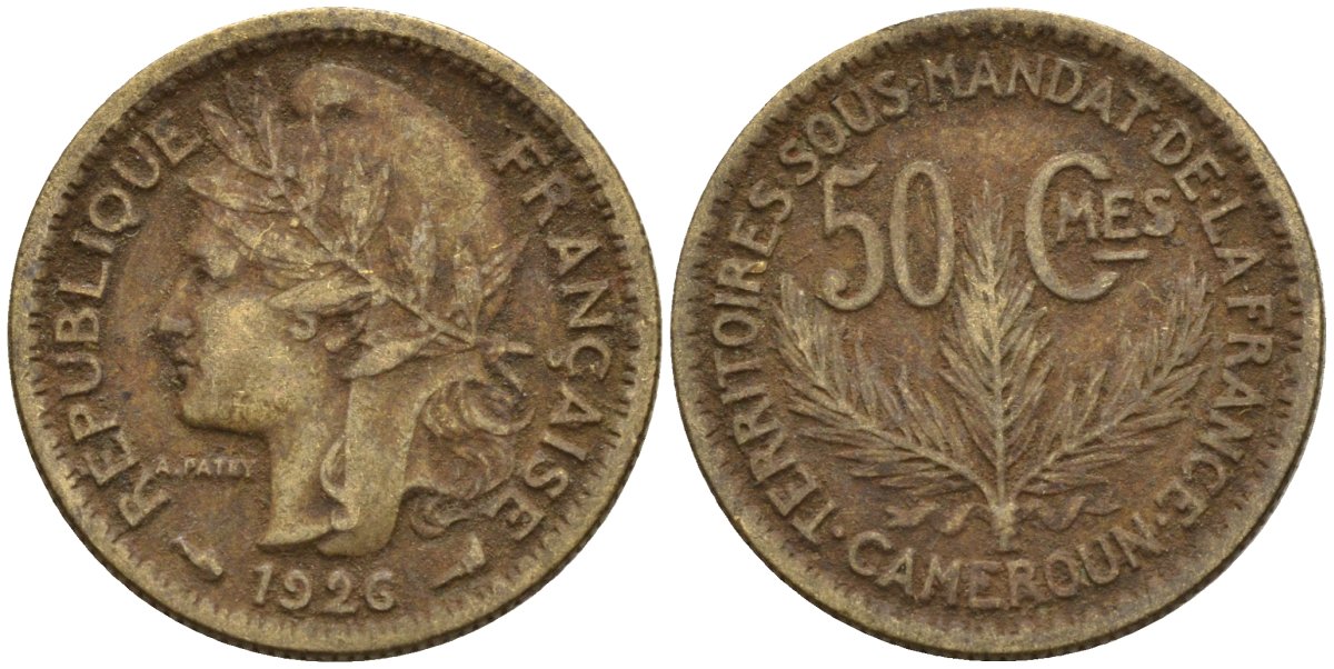 Камерун 50 сантимов 1926 (a), мондвор Париж KM 1 алюминиевая бронза 4169-724