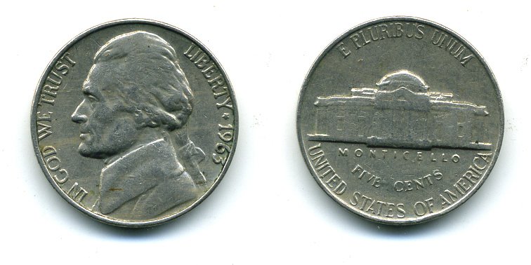 США 5 ЦЕНТОВ 1963 ДЖЕФФЕРСОН KM А192 медно-никель 46-1716