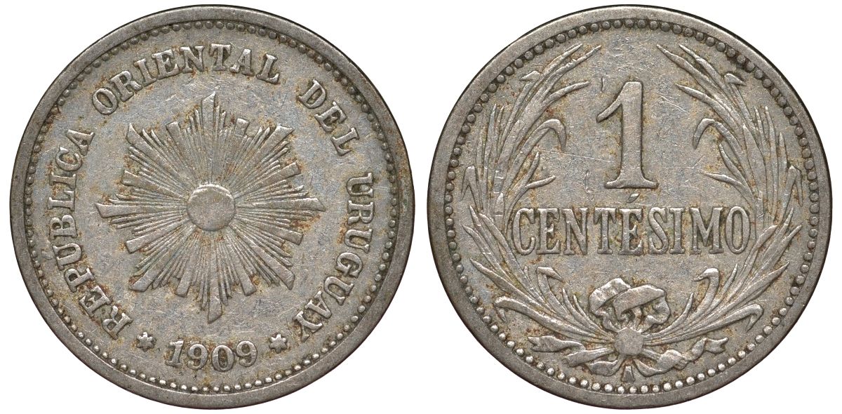 Уругвай 1 сентесимо 1909 KM 19 медно-никель 4169-611