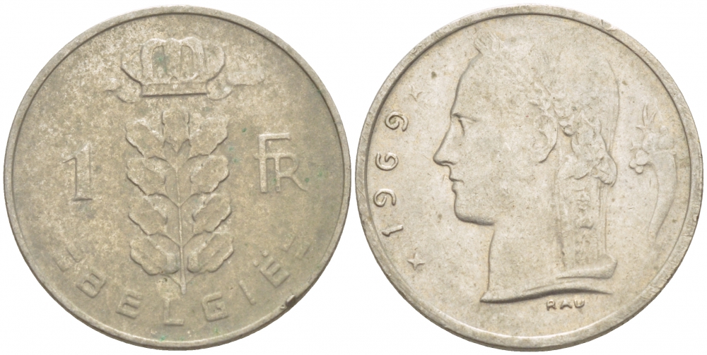 БЕЛЬГИЯ 1 ФРАНК 1969 BELGIE KM 143.1 медно-никель 4539-843