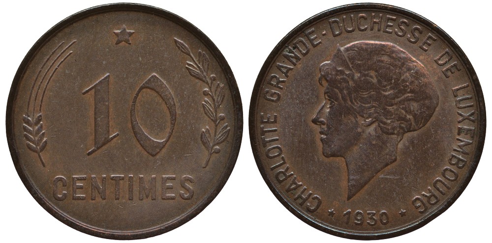 Люксембург 10 сантимов 1930 Шарлотта (1918-1964) KM 41 бронза 4538-733