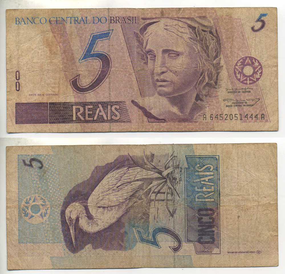БРАЗИЛИЯ 5 РЕАЛОВ 1994-1997 ПОДПИСЬ 37 Pick 244g бумага 7523-15-1