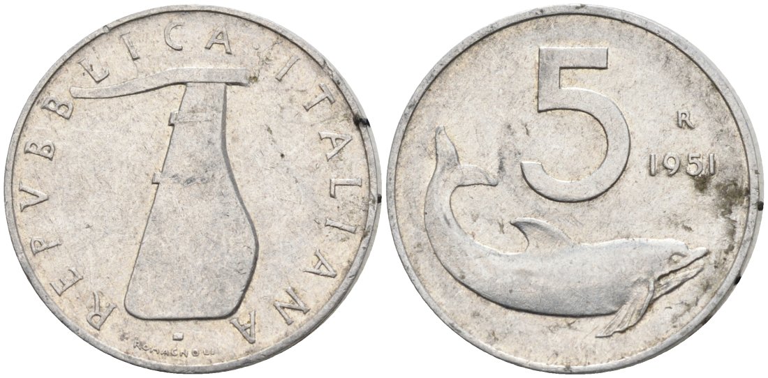 ИТАЛИЯ 5 ЛИР 1951 R, РУЛЬ, ДЕЛЬФИН КМ 92 алюминий 4573-214