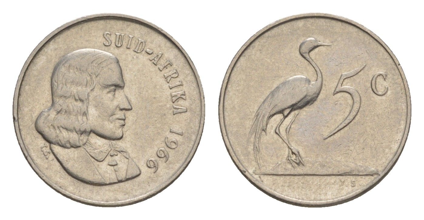 ЮАР 5 центов 1966 Ян ван Рибек (1619-1677), Suid Africa, легенда на африкаанс, райский журавль KM 67.2 медно-никель 4602-836