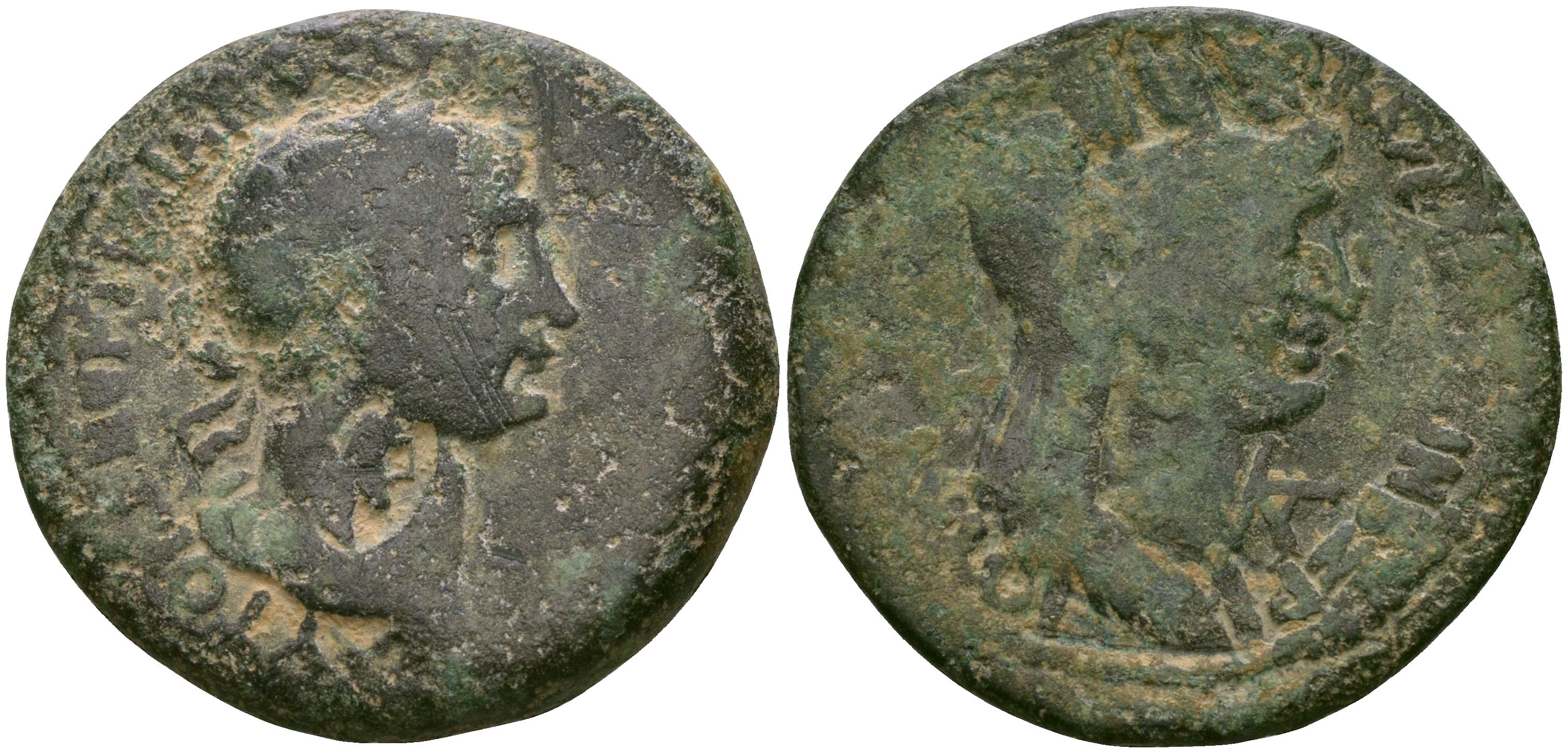 Римская Империя, Провинция Сирия, Лаодикея Приморская AE 98-117 Траян, бюст императора, надчеканка-бюст императора / бюст богини Тихе BMC 46 бронза 1100-5-61