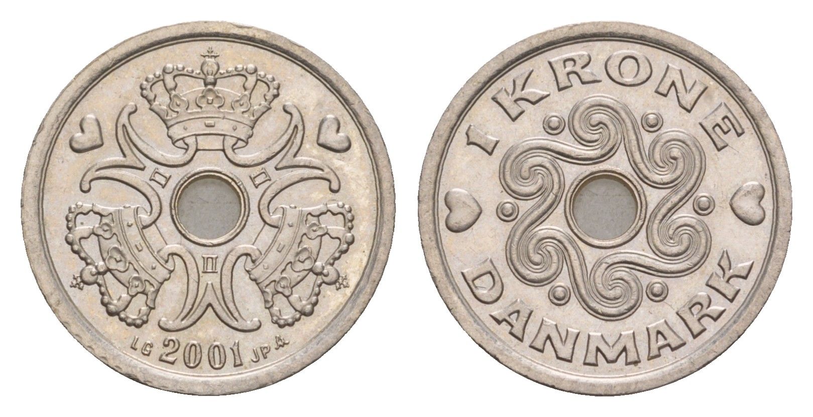Дания 1 крона 2001 Маргрете II (1972-2024) KM 873 медно-никель UNC 4658-313