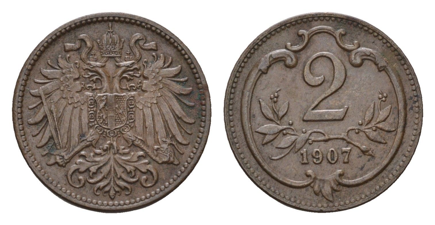 Австрия 2 геллера 1907 Франц Иосиф I (1848-1916) KM 2801 бронза 4669-649