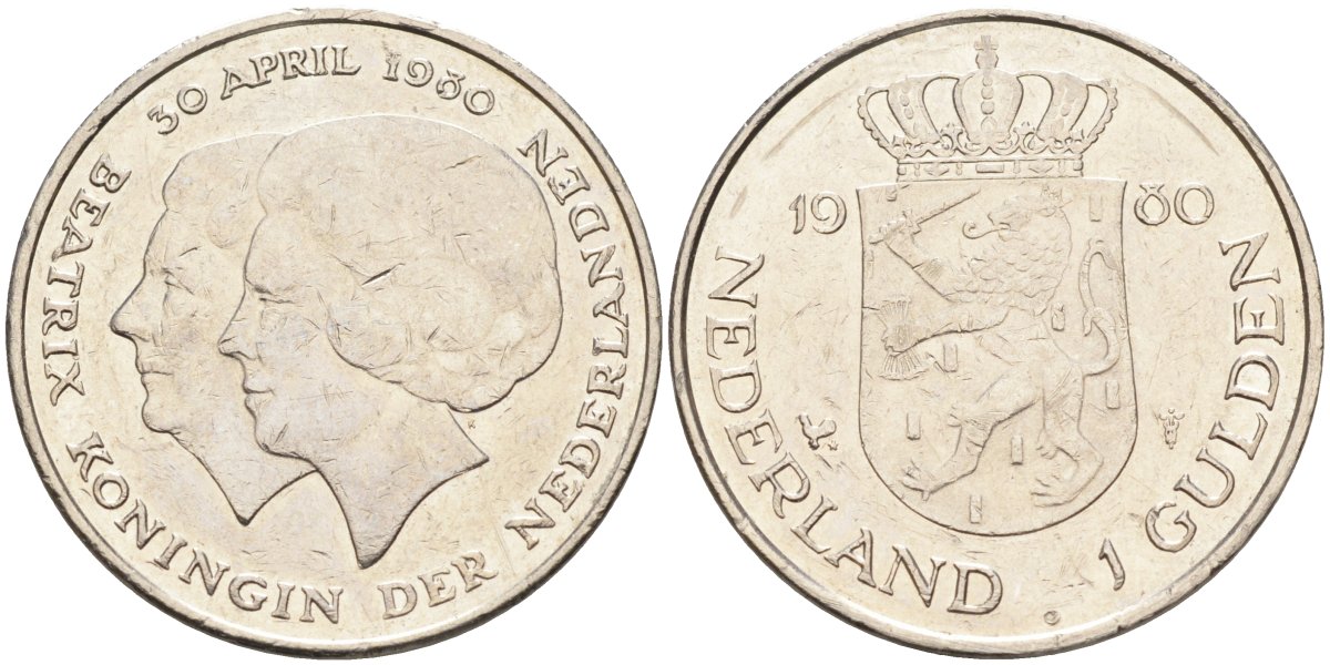 Нидерланды 1 гульден 1980 на коронацию Беатрикс, 30 апреля 1980 KM 200 никель 4175-247