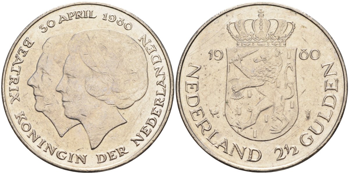 Нидерланды 2 1/2 гульдена 1980 коронация Беатрикс, 30 апреля 1980 KM 201 никель 4587-1021
