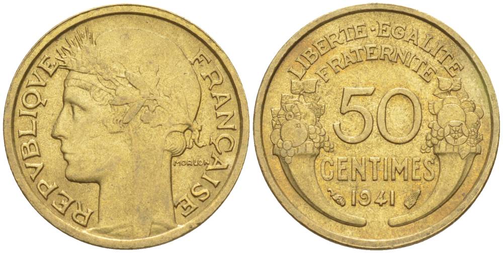 ФРАНЦИЯ 50 САНТИМОВ 1941 ТИП MORLON KM 894.1, LE FRANC 192.18 алюминиевая бронза 44-544