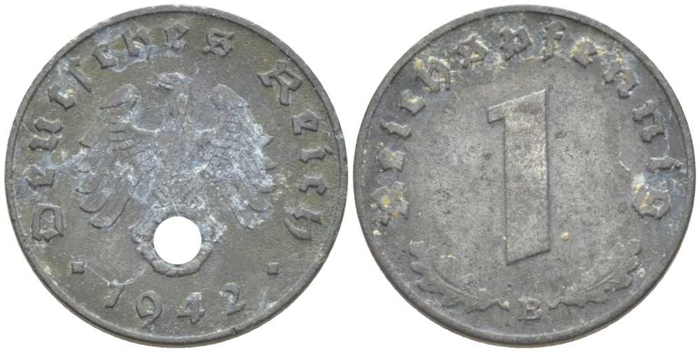 ГЕРМАНИЯ 1 РЕЙХСПФЕННИГ 1942 B KM 97, J. 369 цинк 206-1145