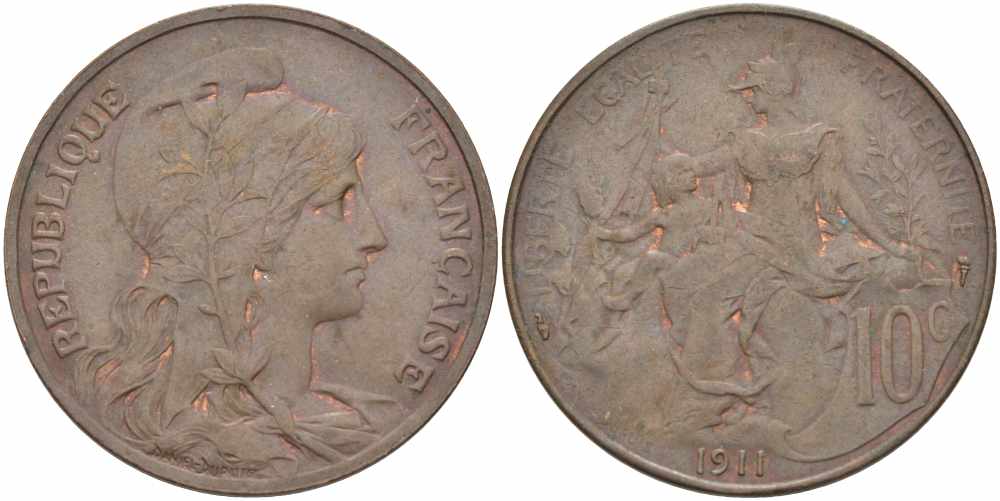 ФРАНЦИЯ 10 САНТИМОВ 1911 ТИП ДАНИЭЛЬ ДЮПЮИ KM 843, LA FRANC 136.21 бронза 109-244