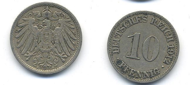 ГЕРМАНИЯ 10 ПФЕННИГОВ 1912 A KM 12, J. 13 медно-никель 58-351