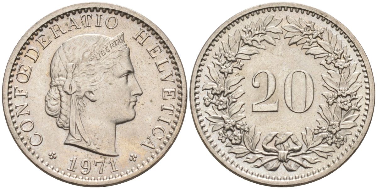 Швейцария 20 раппенов 1971 KM 29а медно-никель 4592-925