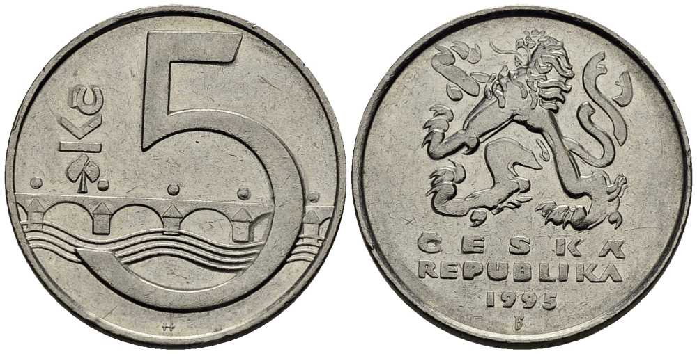Чехия 5 крон 1995 чешский лев, Карлов мост KM 8 сталь плакированная никелем 65-215
