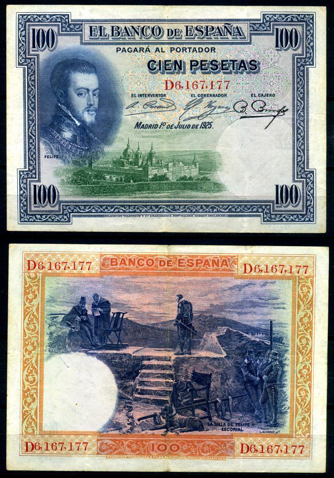 Испания 100 песет 1925 1 июля 1925, три подписи, Филипп II Pick 69с(1) бумага 8619-6-2-1